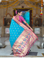 Woven Golden Border Design Silk Blend Paithani Saree