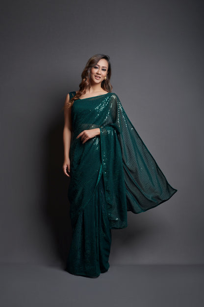 Buy Green Sequin Saree Online In India