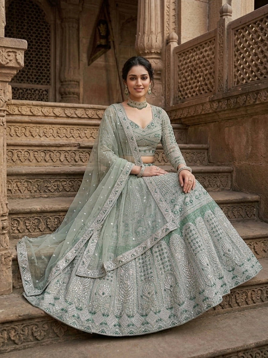 Light Green Premium Soft Net with Sequins Work Lehenga Choli