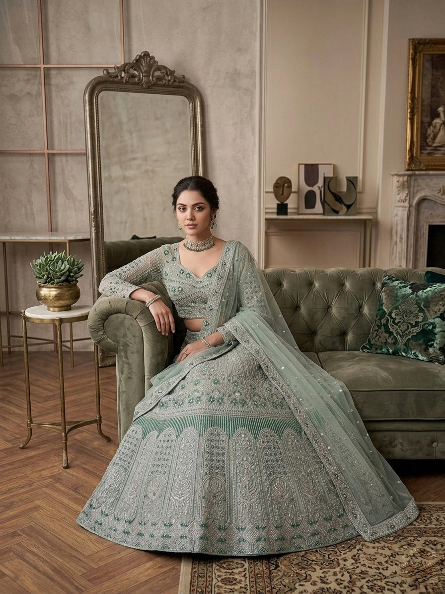 Light Green Premium Soft Net with Sequins Work Lehenga Choli