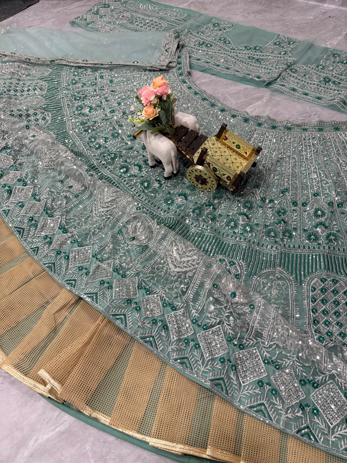 Light Green Premium Soft Net with Sequins Work Lehenga Choli
