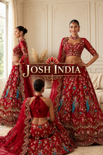 Red bridal lehenga choli front view on model with cut work dupatta