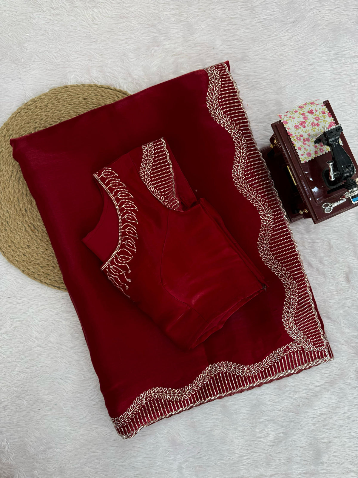 Maroon Color Designer Jimmy Chu Saree with Intricate Hot Fix Work