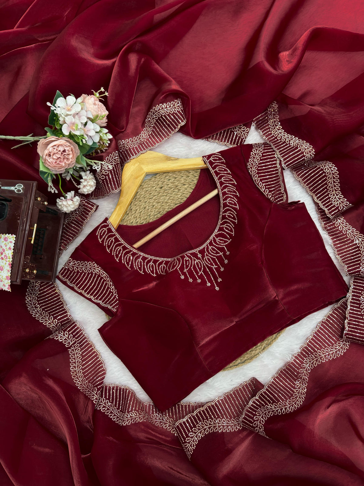 Maroon Color Designer Jimmy Chu Saree with Intricate Hot Fix Work