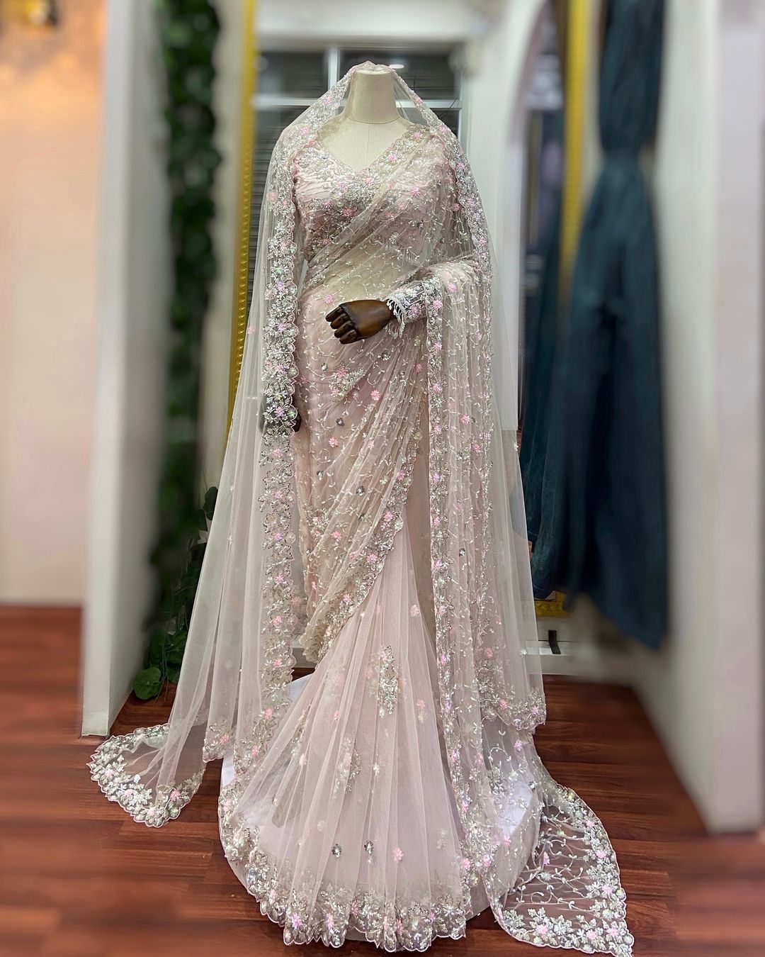 Light Pink Soft Net Party Wear Designer Saree