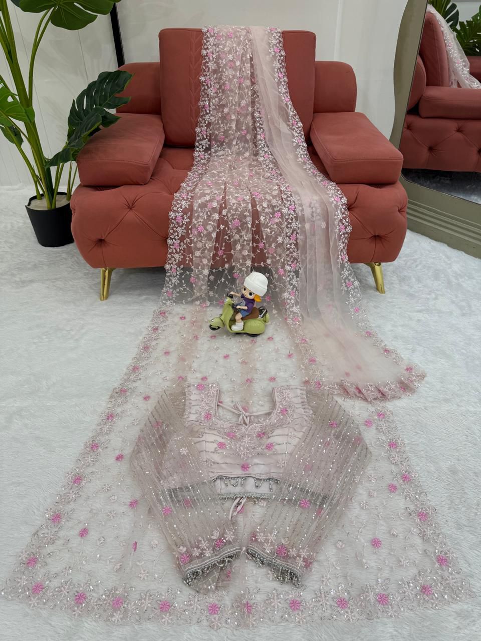 Light Pink Soft Net Party Wear Designer Saree