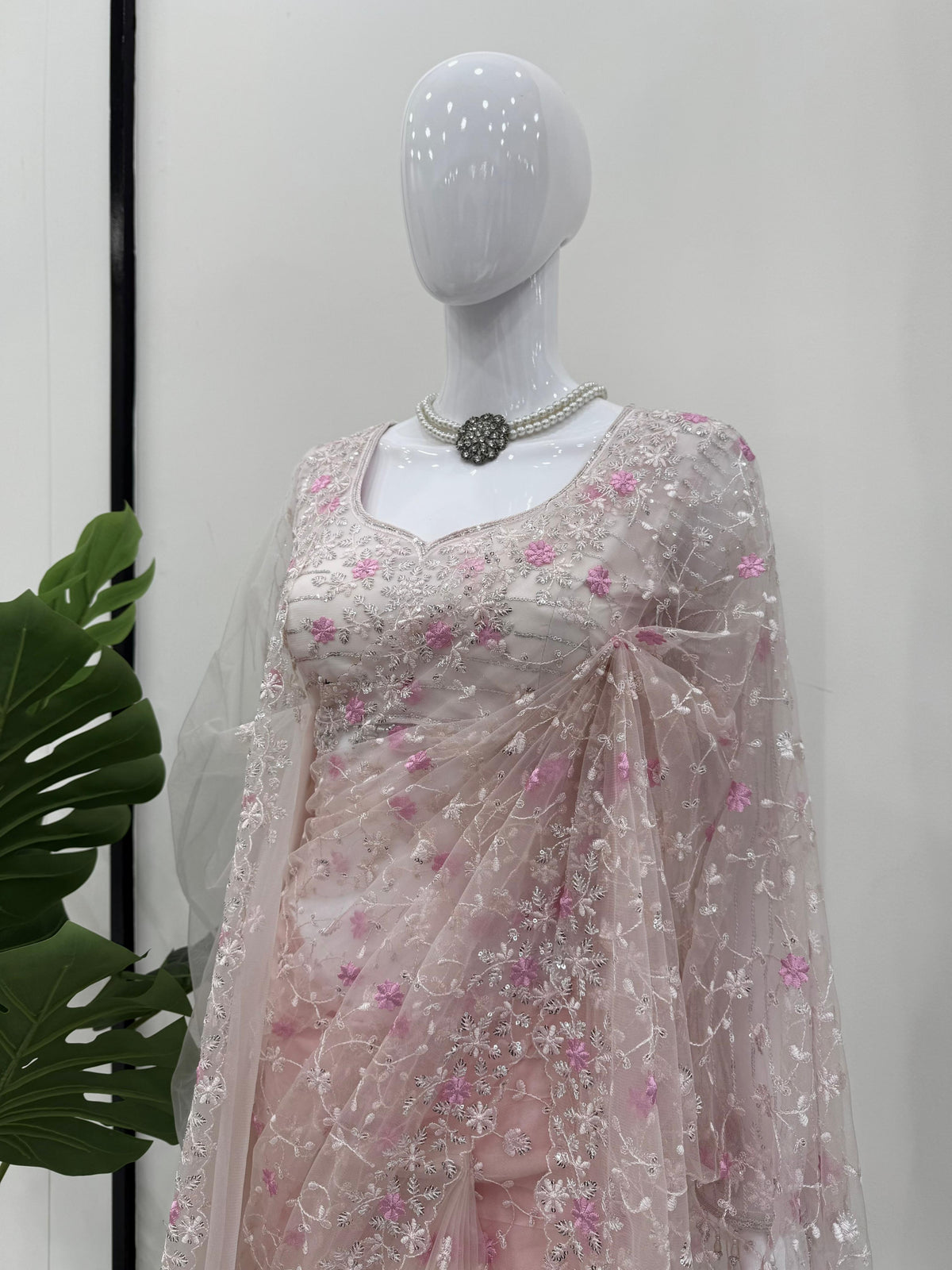 Light Pink Soft Net Party Wear Designer Saree