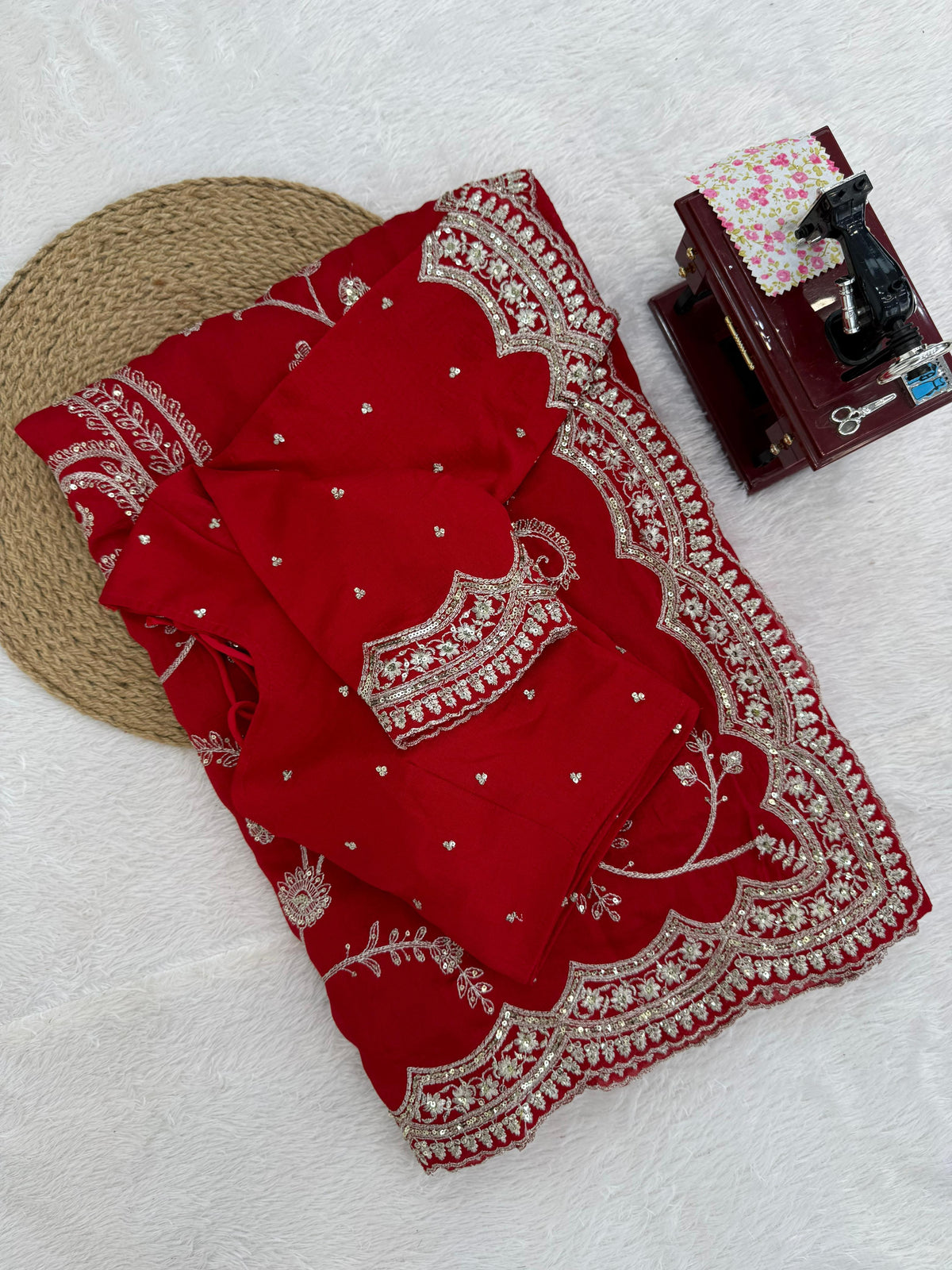 Red Color Embroidered Georgette Wedding Saree