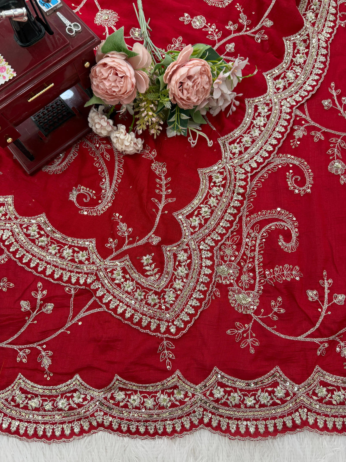 Red Color Embroidered Georgette Wedding Saree