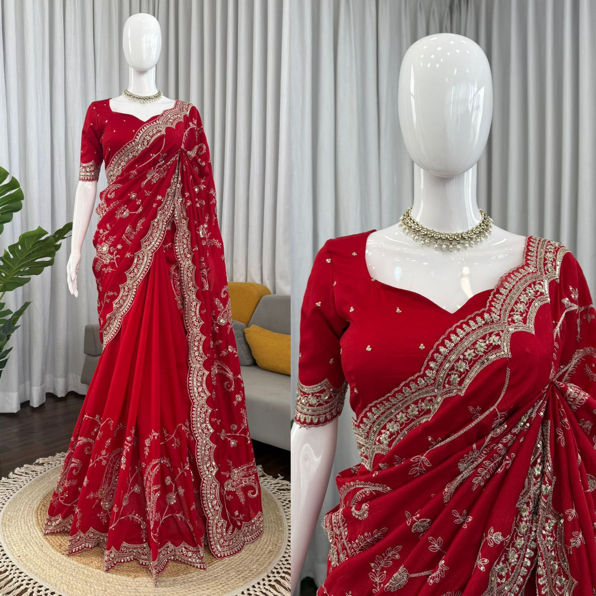 Red Color Embroidered Georgette Wedding Saree