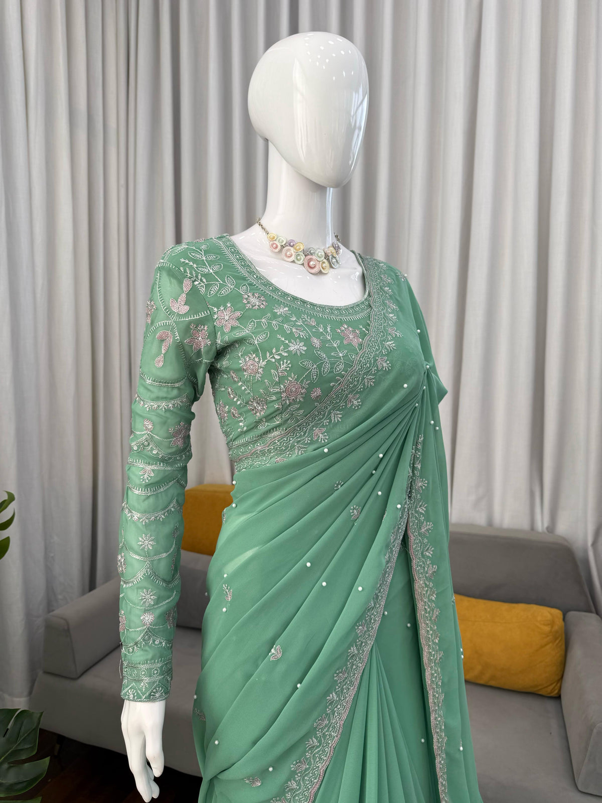 Sea Green Color Georgette Designer Saree