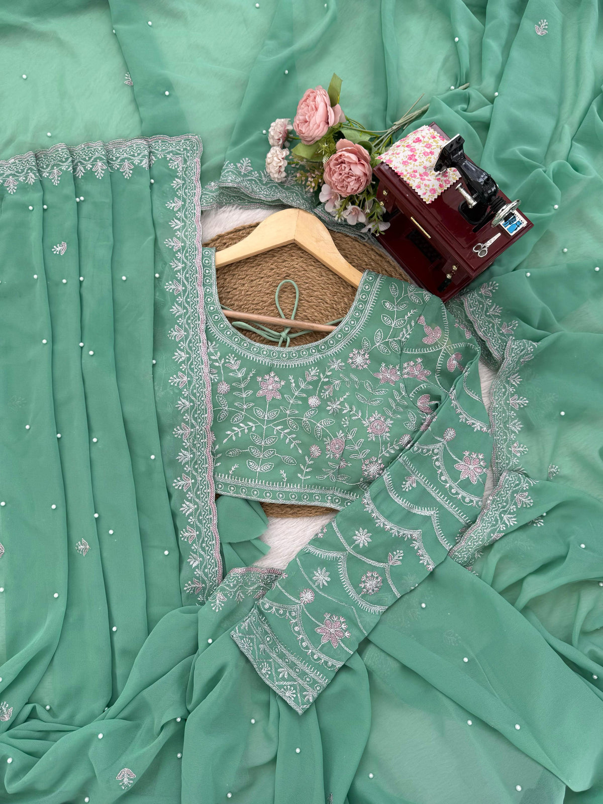 Sea Green Color Georgette Designer Saree