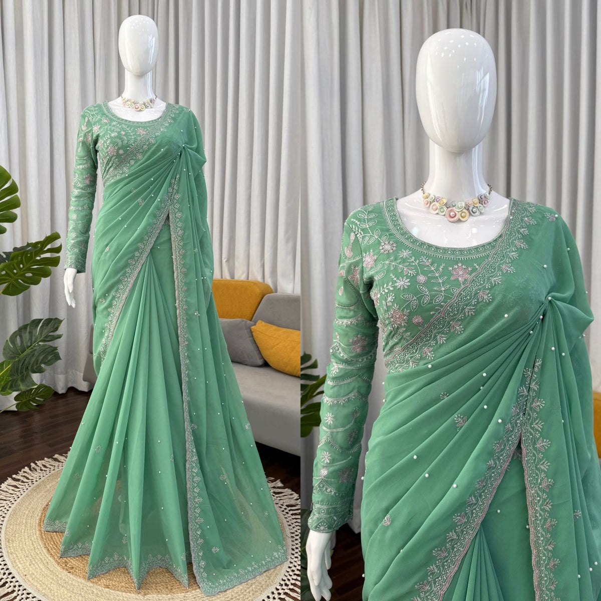 Sea Green Color Georgette Designer Saree