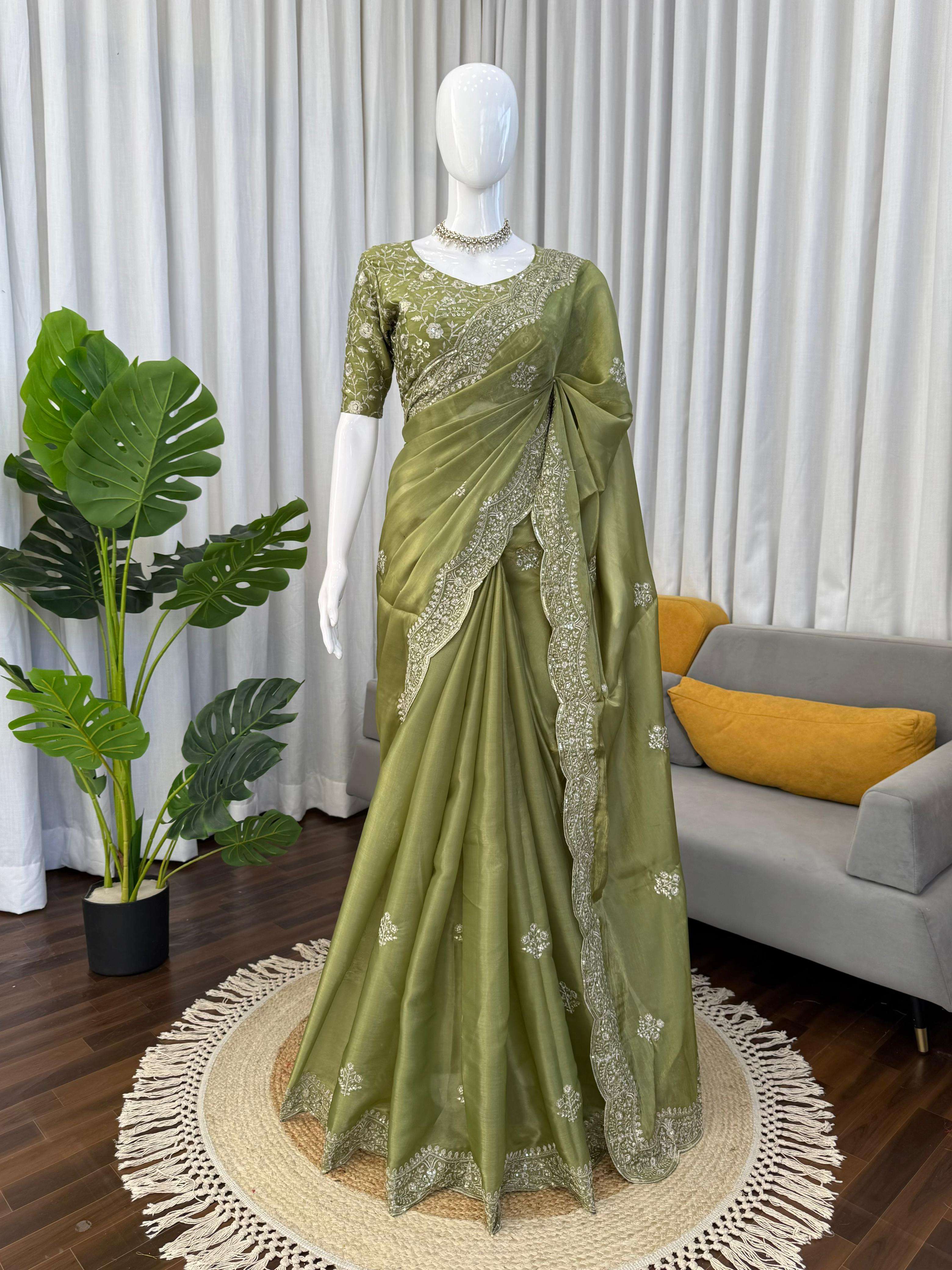 PIsta Green Color Embroidered Designer Party Wear Saree Joshindia PIsta Green Color Embroidered Designer Party Wear Saree Joshindia