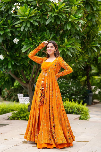 Bright-Orange Three Piece Digital Printed Koti Style Indo-Western Suit with Heavy Rayon Long Jacket