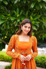 Bright-Orange Three Piece Digital Printed Koti Style Indo-Western Suit with Heavy Rayon Long Jacket - Joshindia