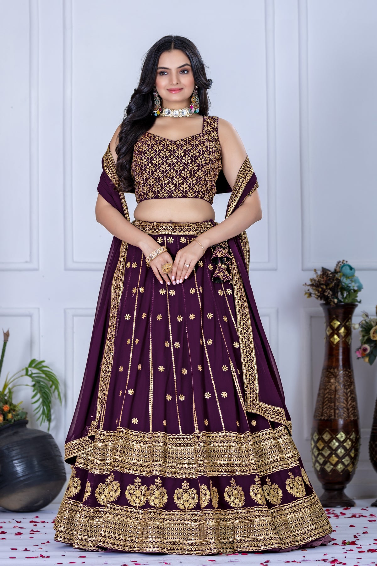 Purple Color Golden EmbroideredLehenga Choli