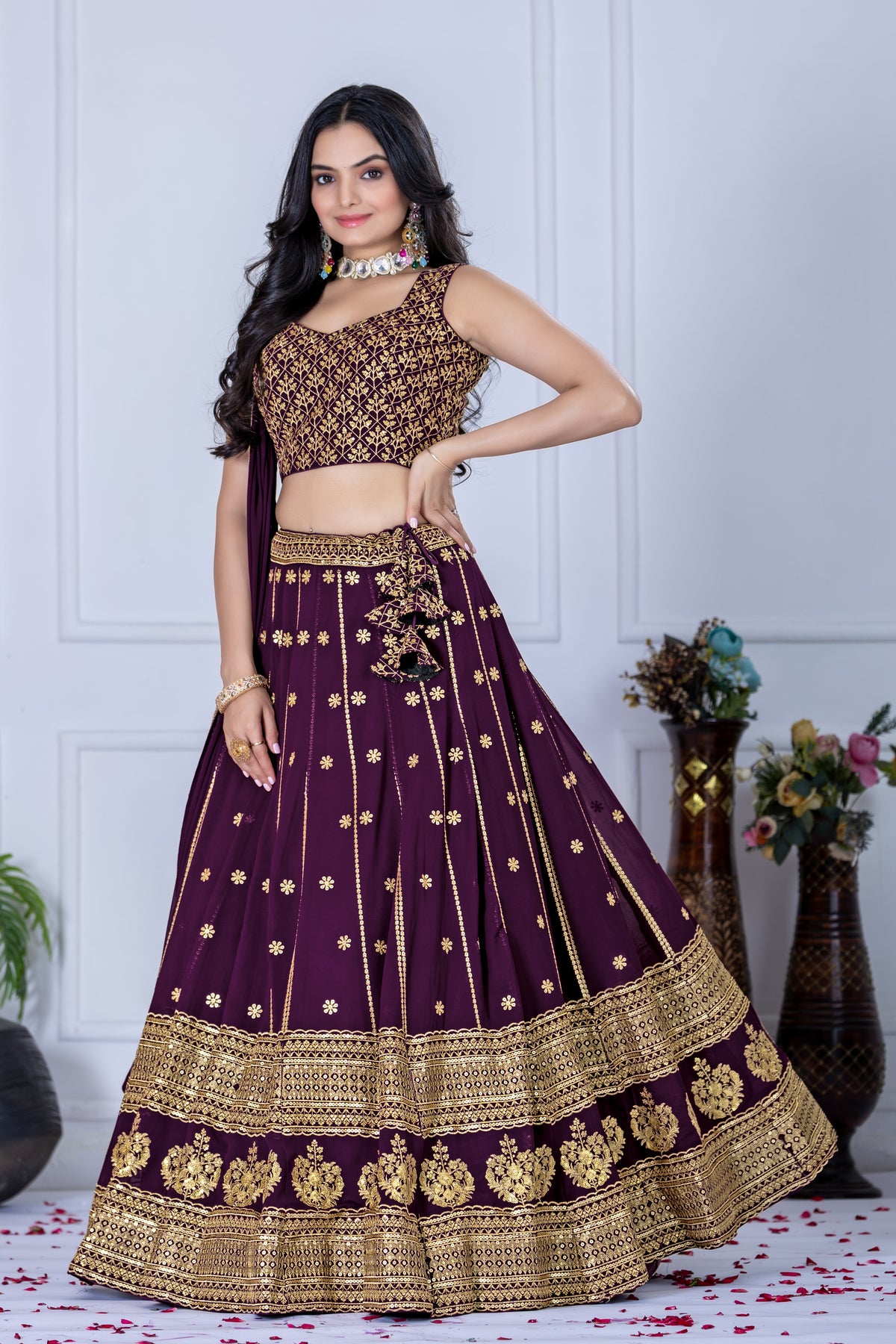 Purple Color Golden EmbroideredLehenga Choli