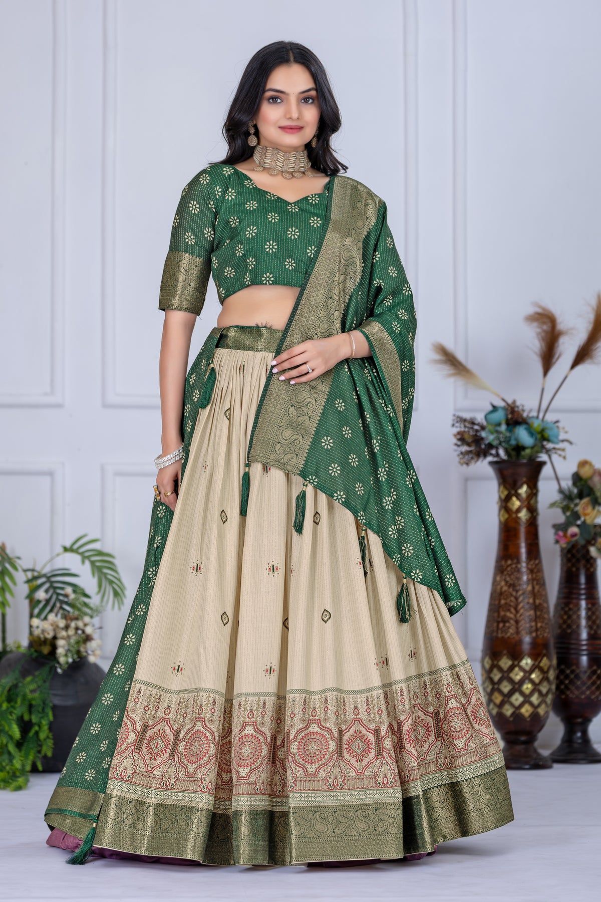 Cream With Green Color Designer Jacquard Border Lehenga Choli