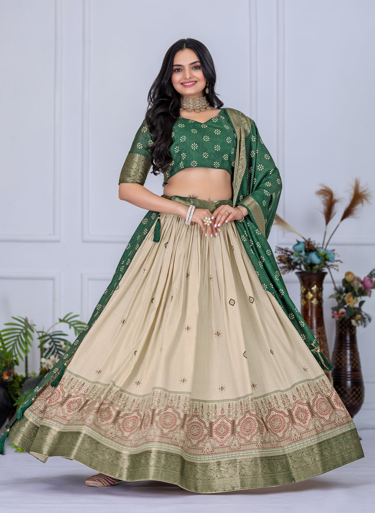 Cream With Green Color Designer Jacquard Border Lehenga Choli