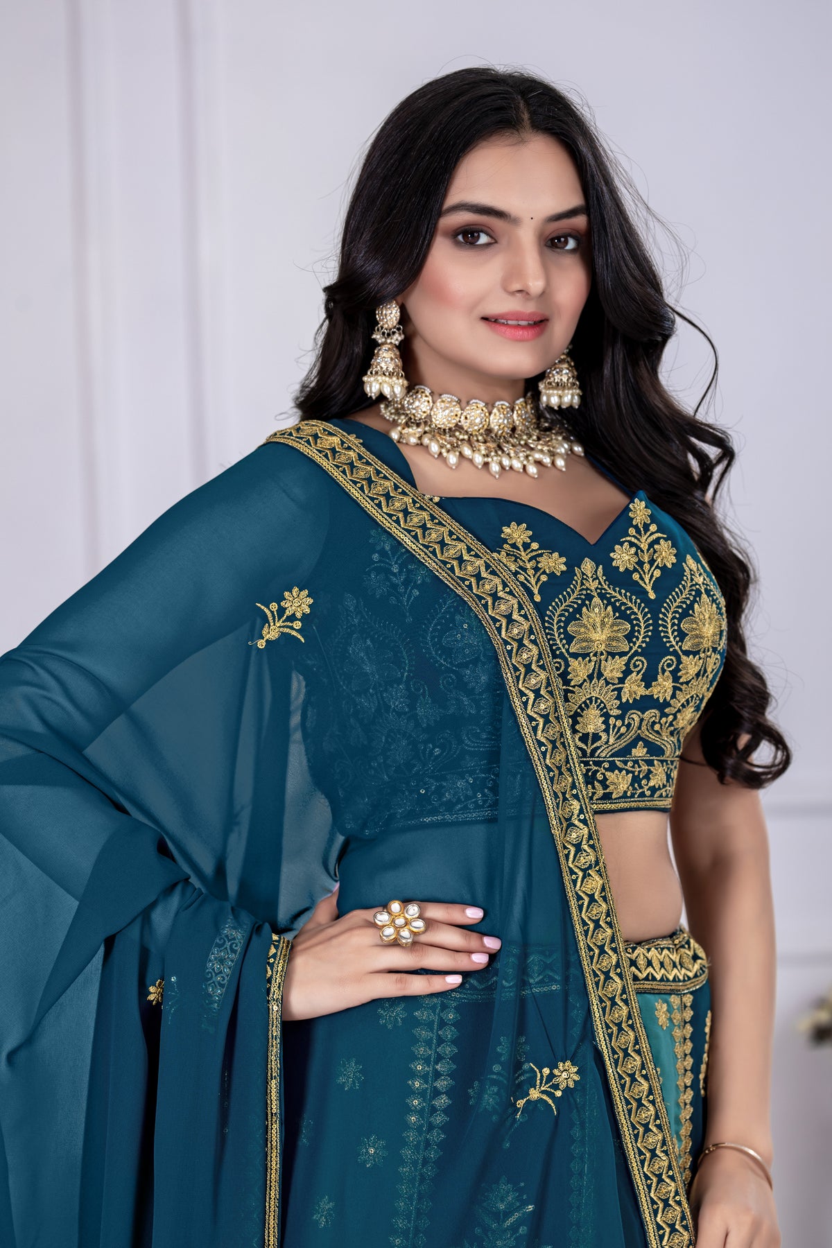 Gray With Blue Color Embroidered Designer Lehenga