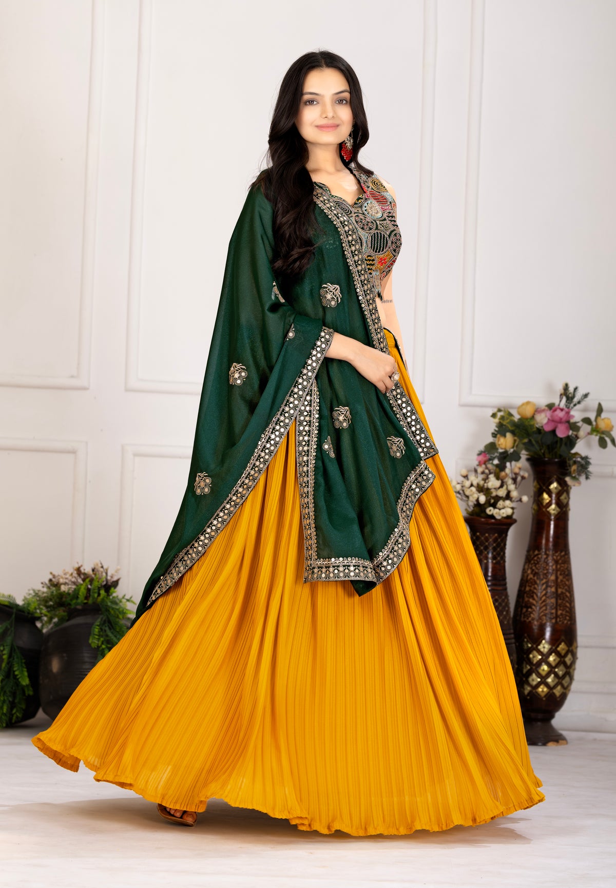 Yellow with green Color Designer Lehenga Choli
