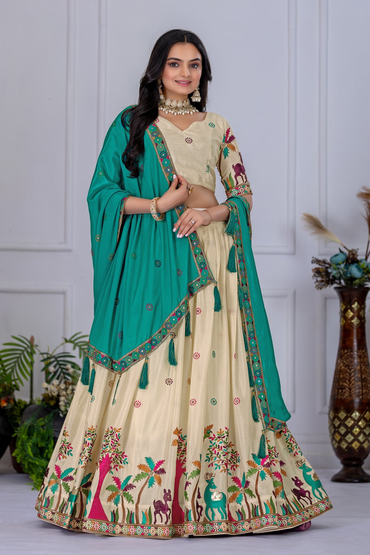 Cream Color Heavy Chinon Silk Designer Lehenga Choli