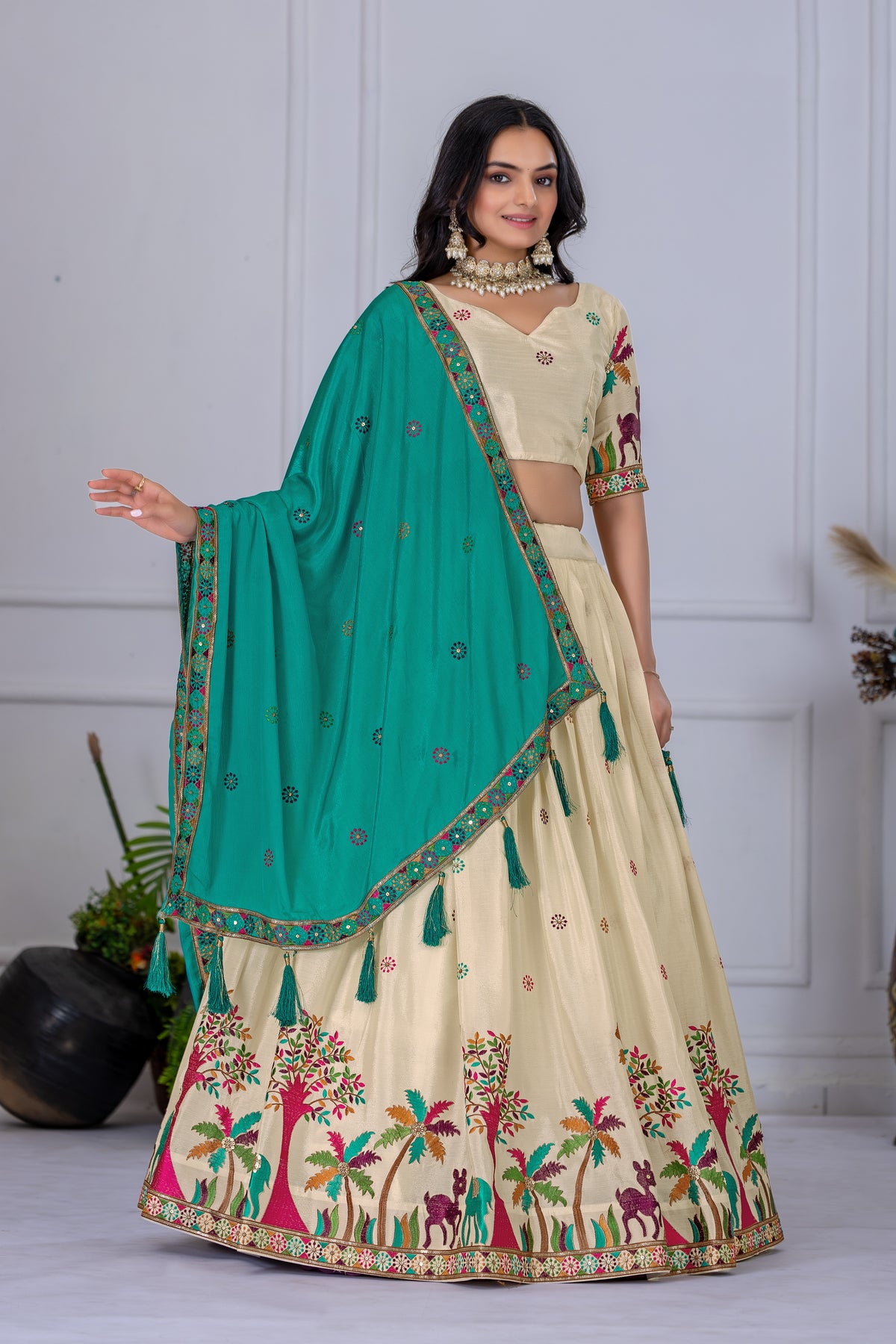 Cream Color Heavy Chinon Silk Designer Lehenga Choli