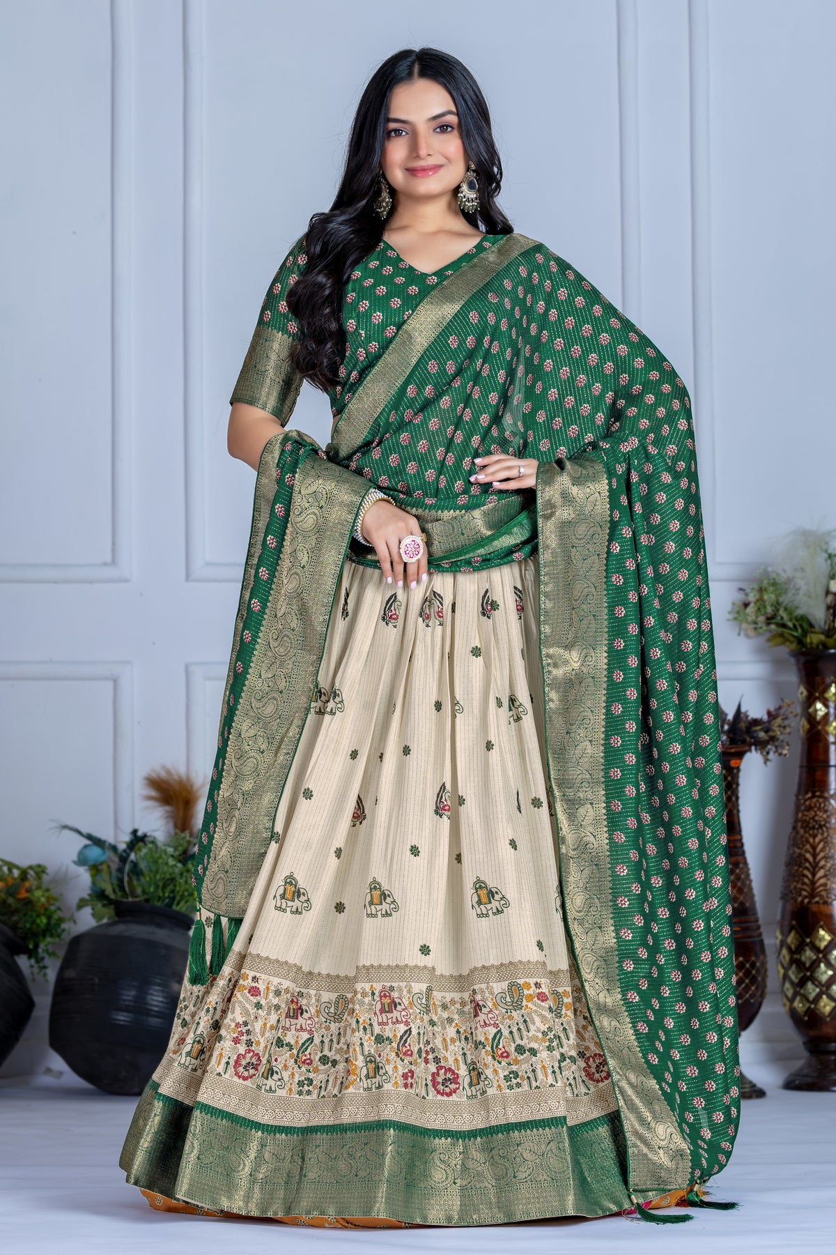 Green With Cream Color Designer Lehenga Choli