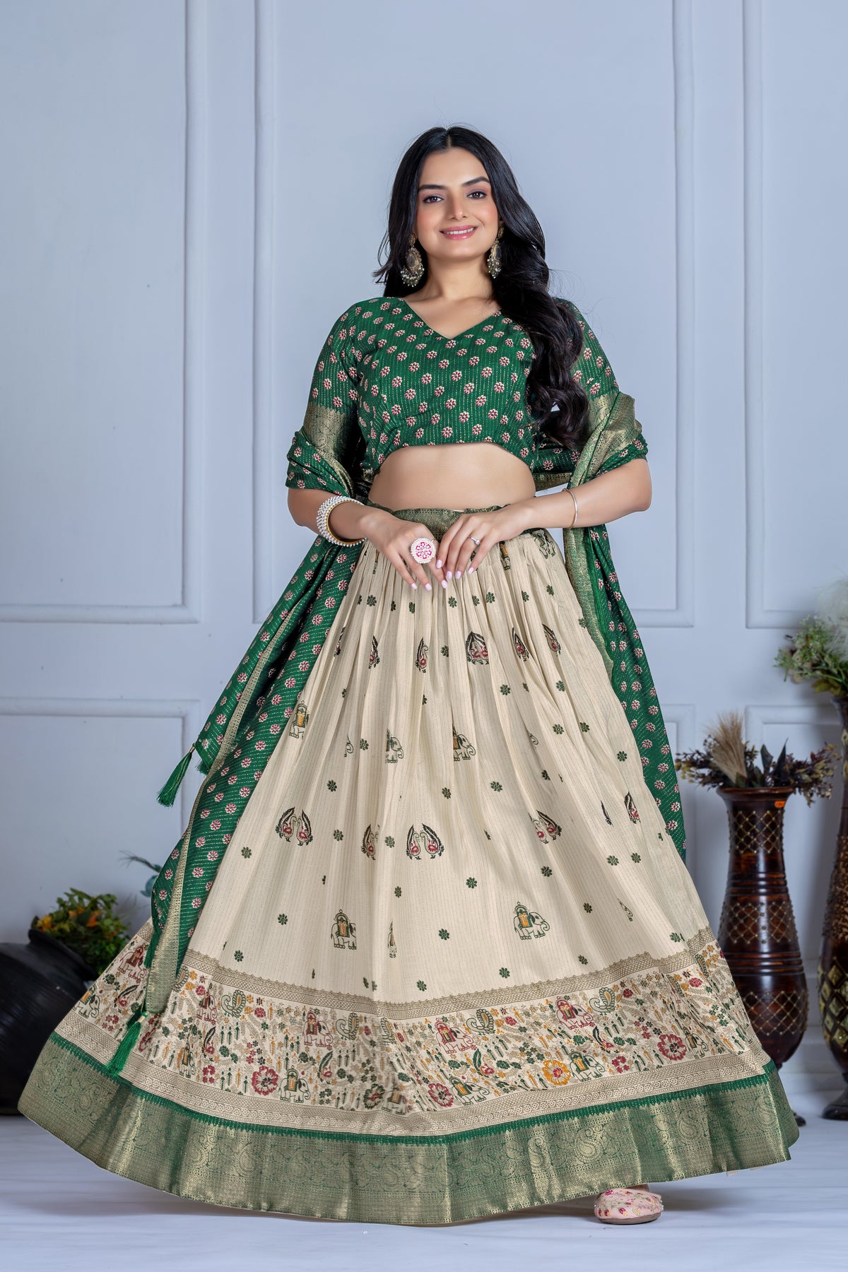 Green With Cream Color Designer Lehenga Choli