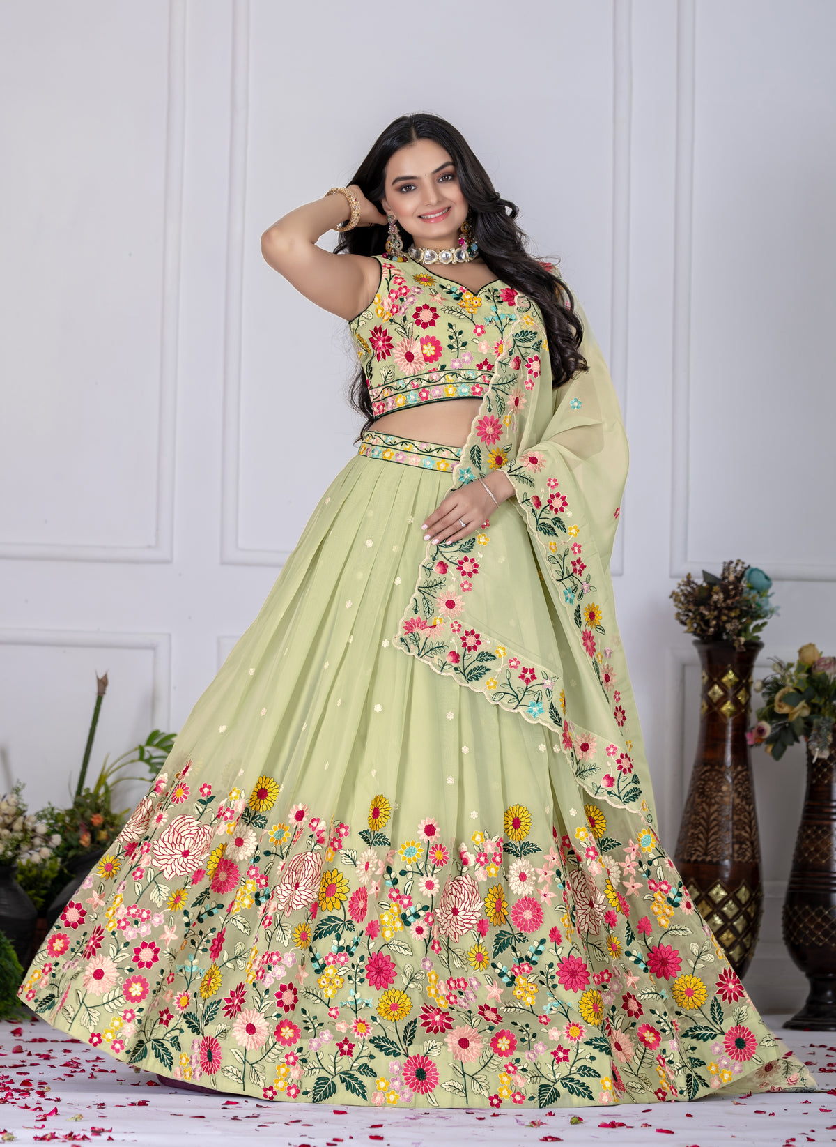 Pastel green Color Designer Thread Embroidered Lehenga Choli