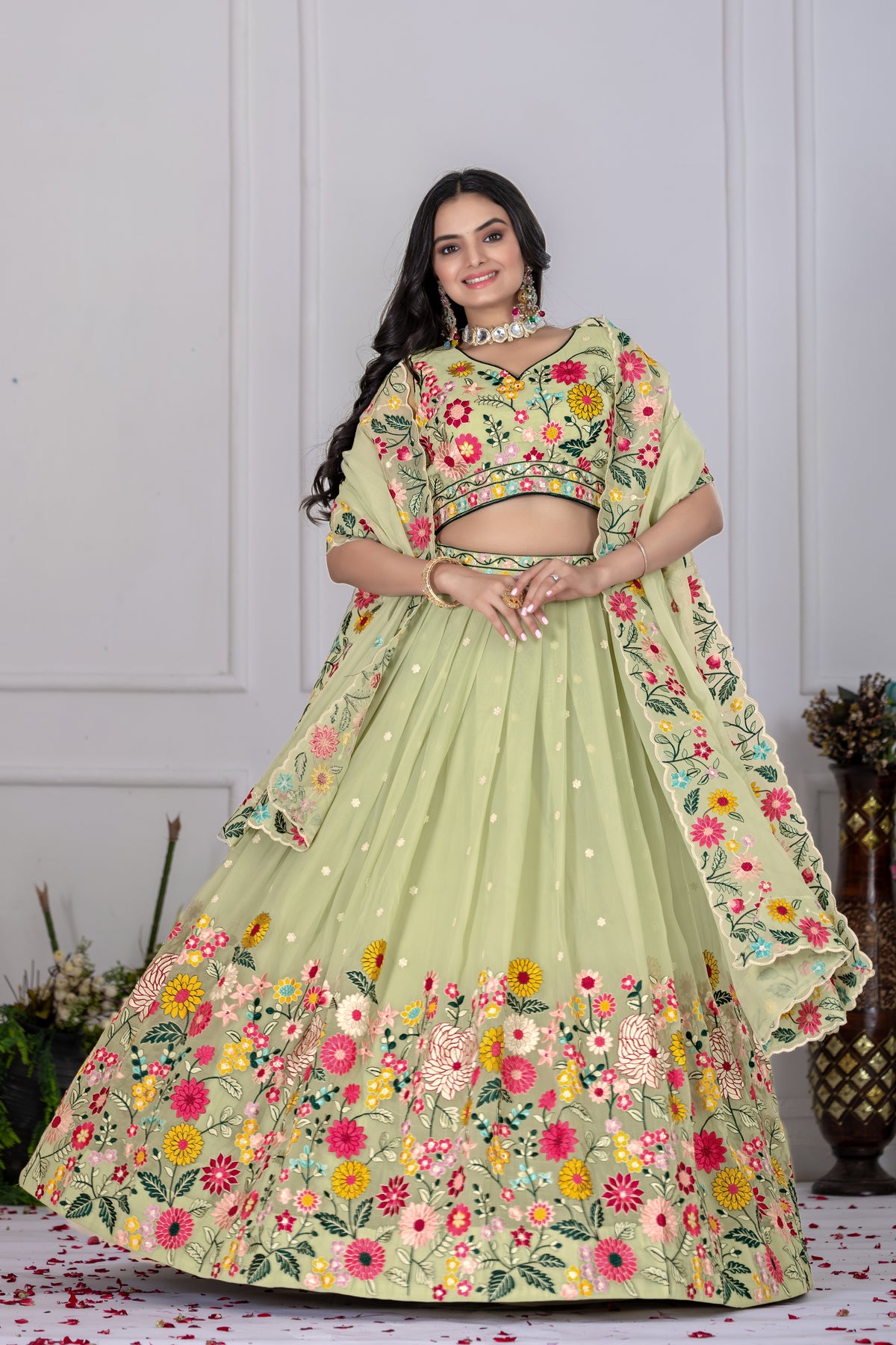 Pastel green Color Designer Thread Embroidered Lehenga Choli