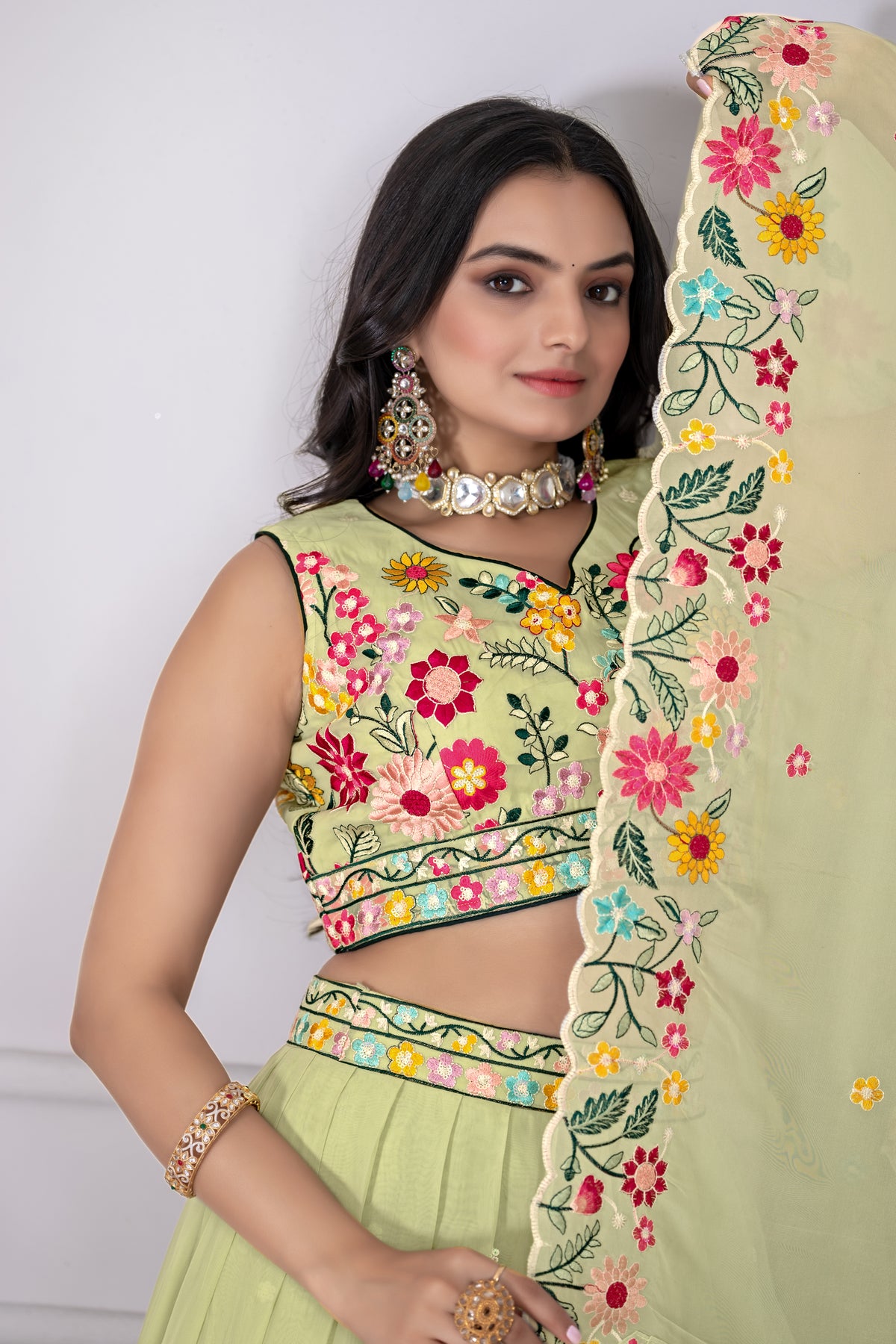 Pastel green Color Designer Thread Embroidered Lehenga Choli