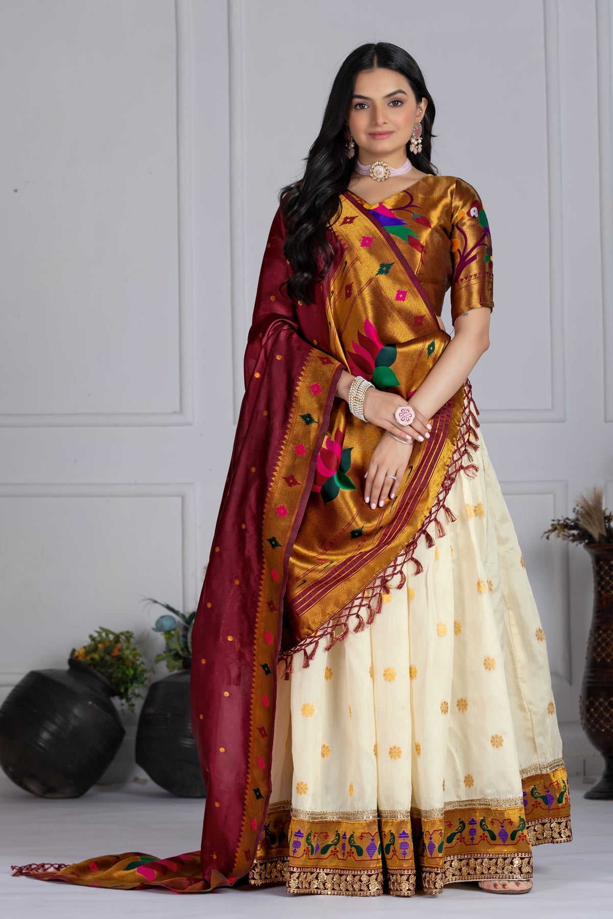 Off White Color Jacquard Silk Lehenga Choli