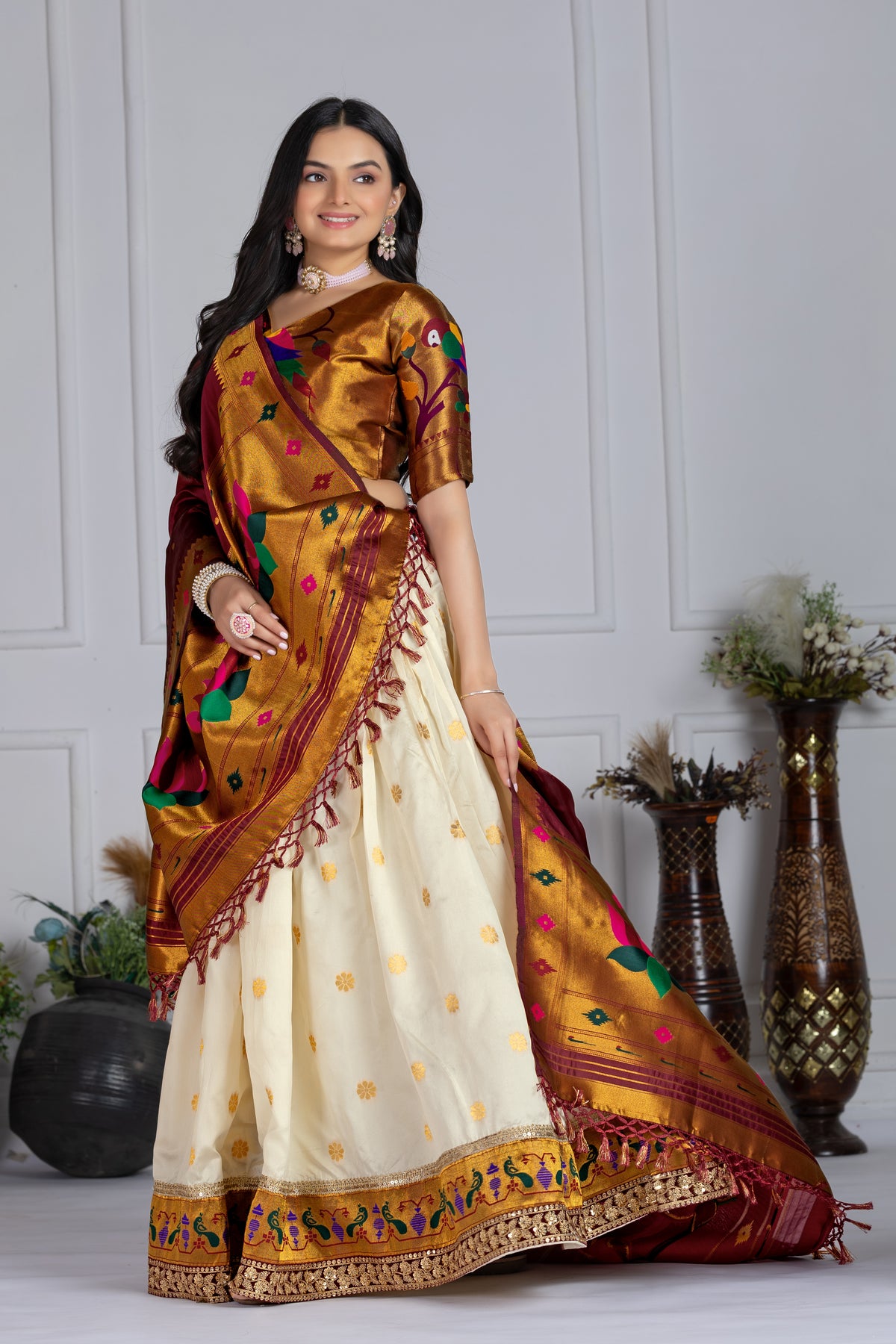 Off White Color Jacquard Silk Lehenga Choli