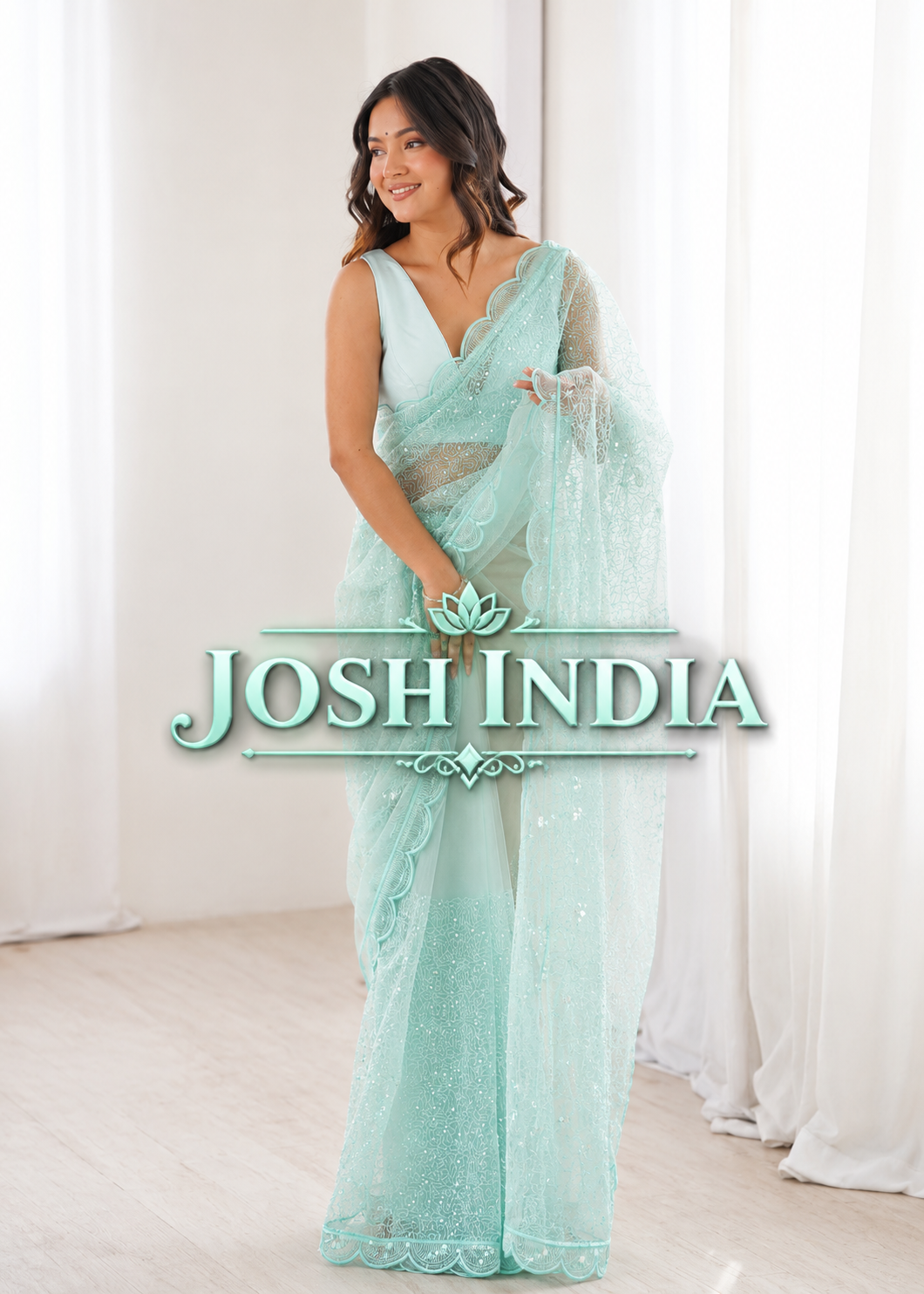 Pista Green And White And OrengeSequins Work Net Saree with Blouse Scalloped Border Party Wear