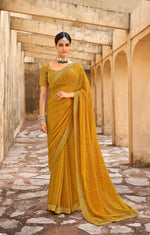 Mustard Pure Georgette Printed Saree - JOSHINDIA - Joshindia