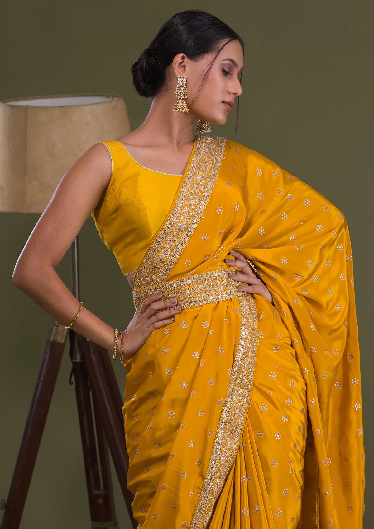 Mustard Thread With Sequence Work Chinon Saree - JOSHINDIA - Joshindia