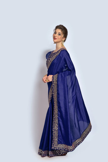 Buy Vichitra Silk Navy Blue Saree Online