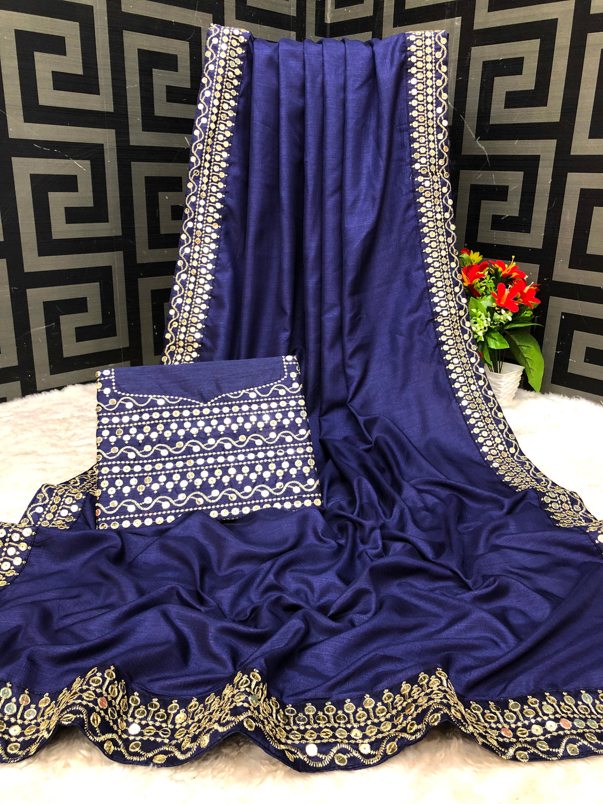 Buy Vichitra Silk Navy Blue Saree Online - Joshindia