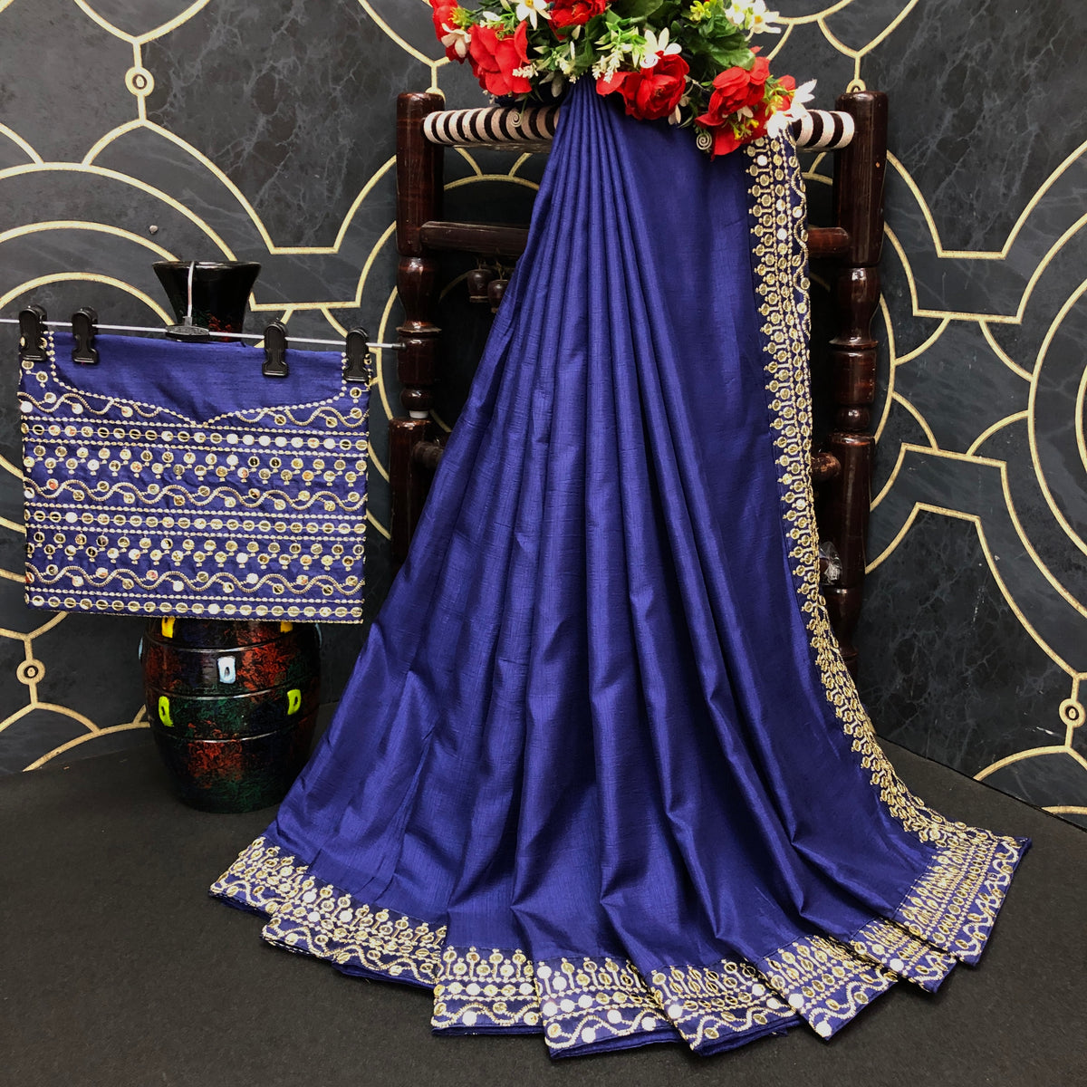 Buy Vichitra Silk Navy Blue Saree Online - Joshindia