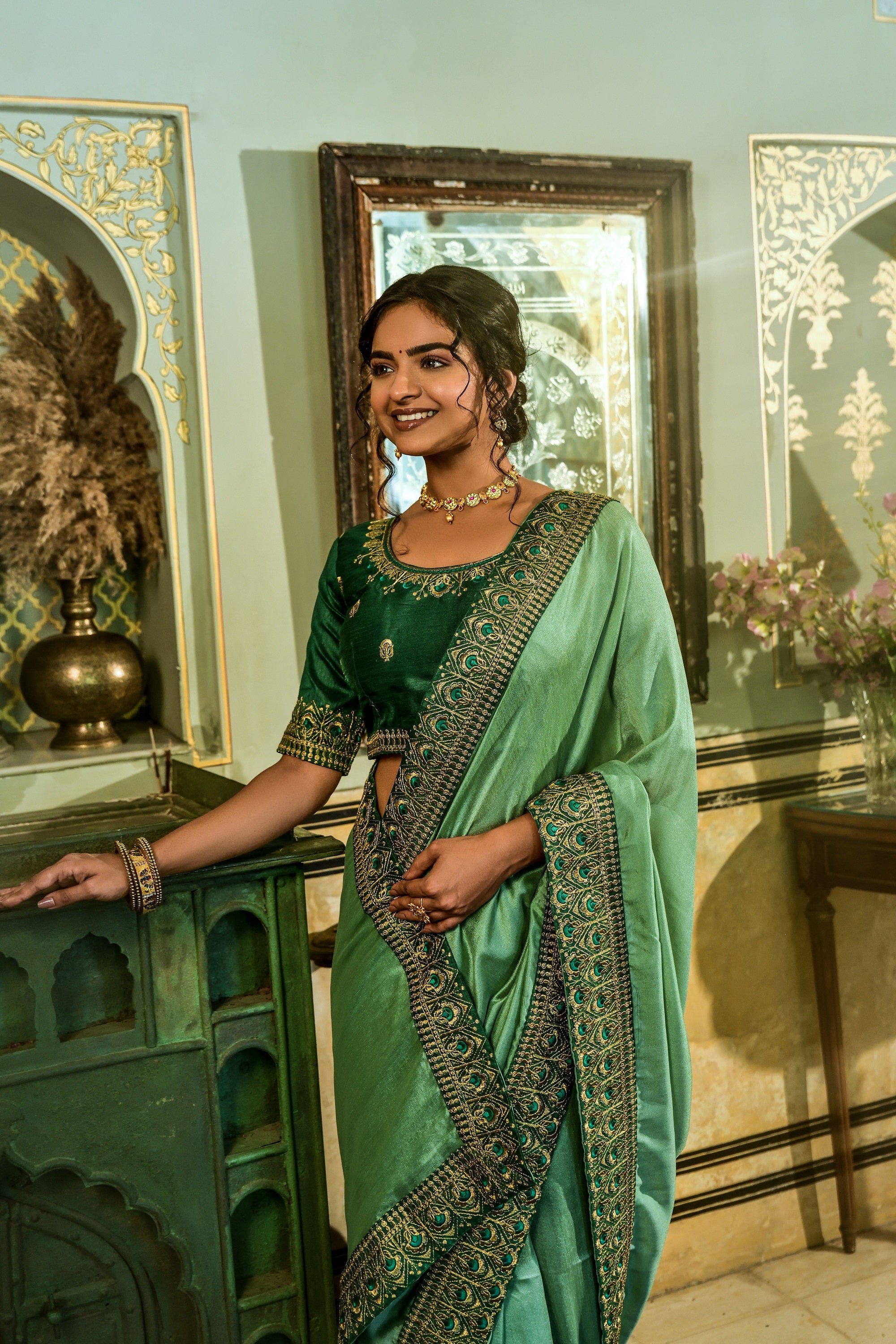 Buy Pista Green Sarees Online In India At Best Price Offers Joshindia