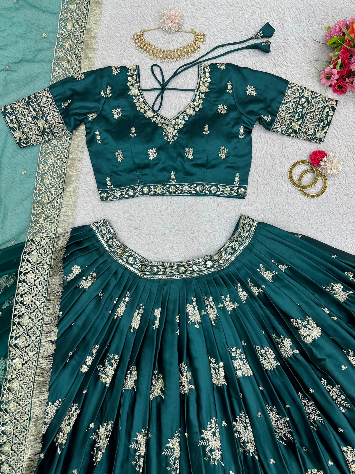 Green Color Satin Silk Embroidered Lehenga Choli