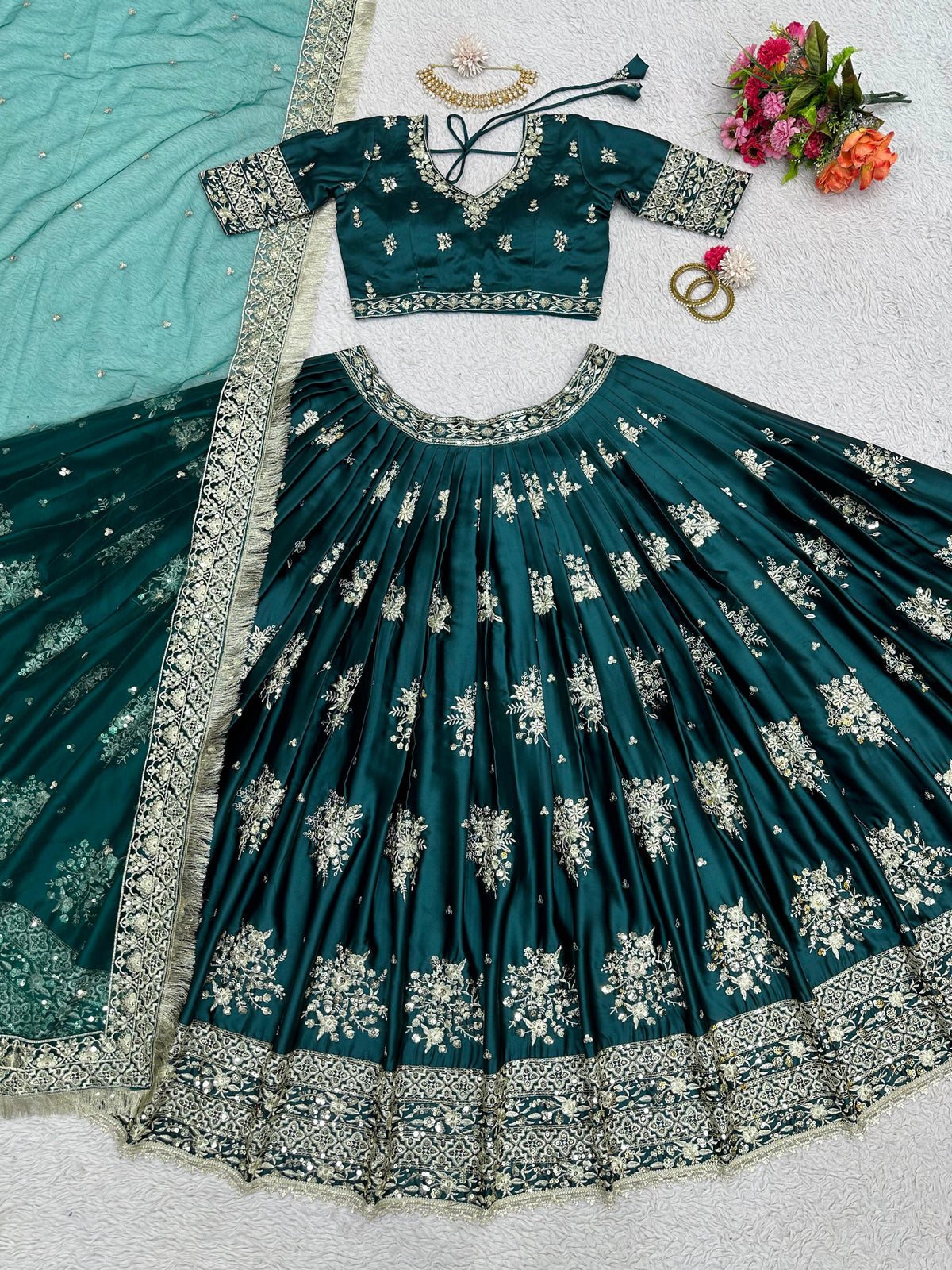 Green Color Satin Silk Embroidered Lehenga Choli
