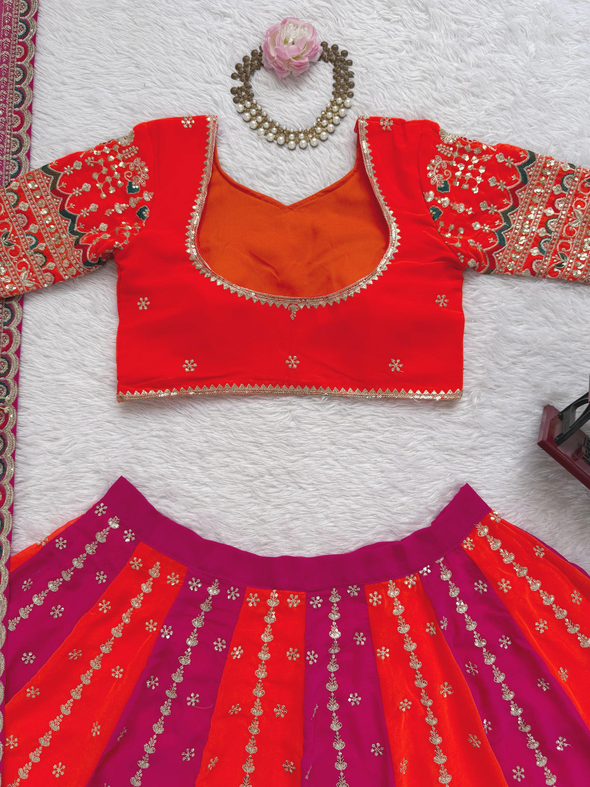 Orange and Pink Georgette Thread With Sequence Work Lehenga Choli