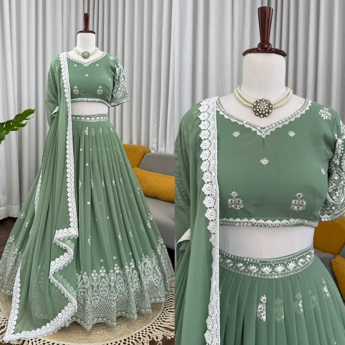 Pista Color Sequnce Work Lehenga Choli