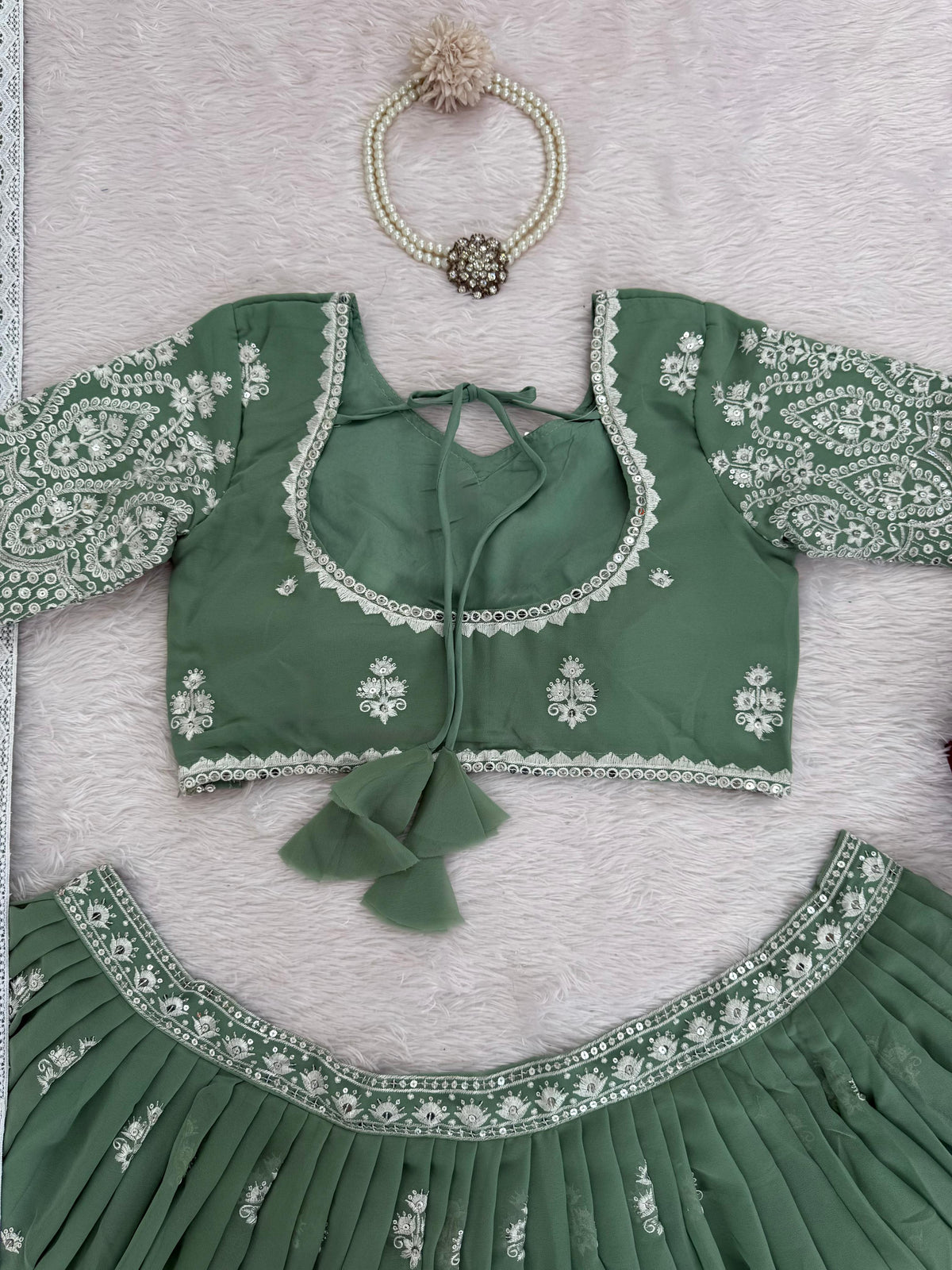 Pista Color Sequnce Work Lehenga Choli