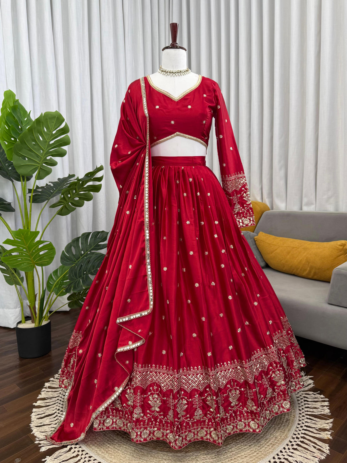 Japan Satin Red Colour Sequence Work Lehenga Choli