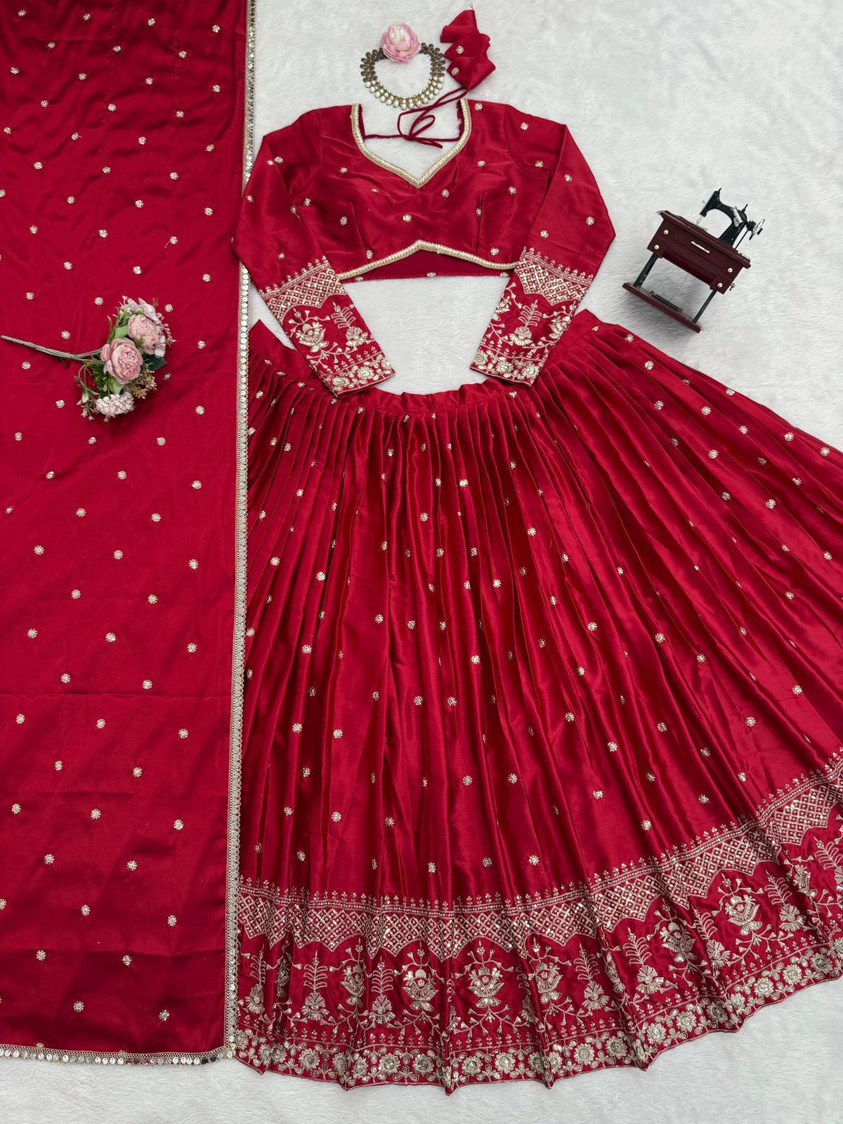 Japan Satin Red Colour Sequence Work Lehenga Choli