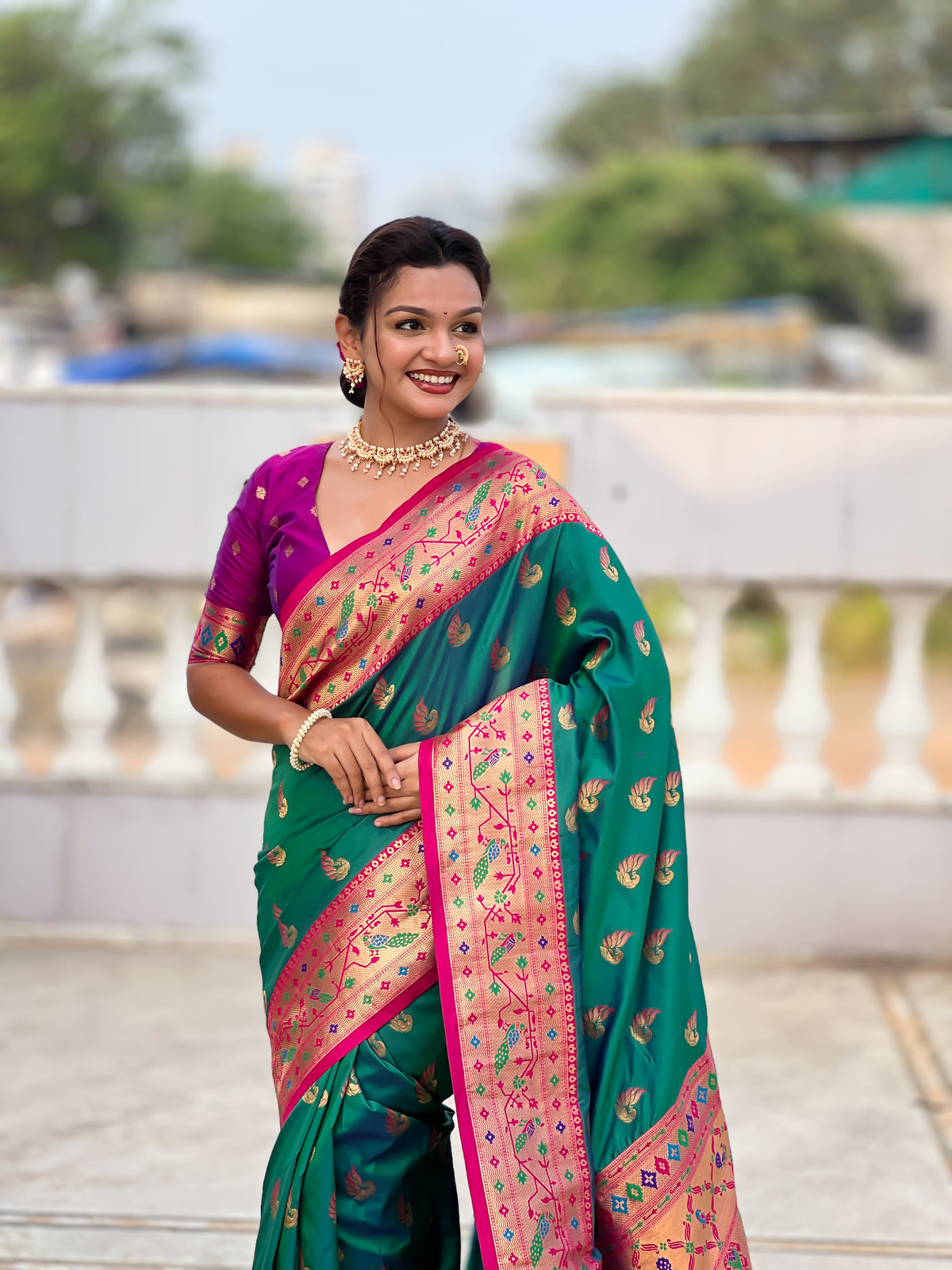 Two Tone Woven Design Silk Blend Paithani Saree